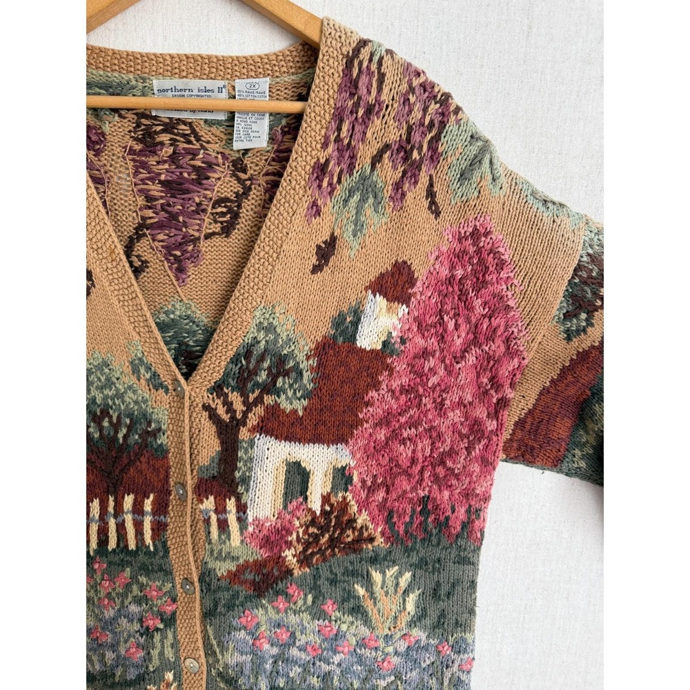 Northern Isles Cottagecore Scenic Landscape Cardigan Sweater Womens 2X Tan - Picture 3 of 7